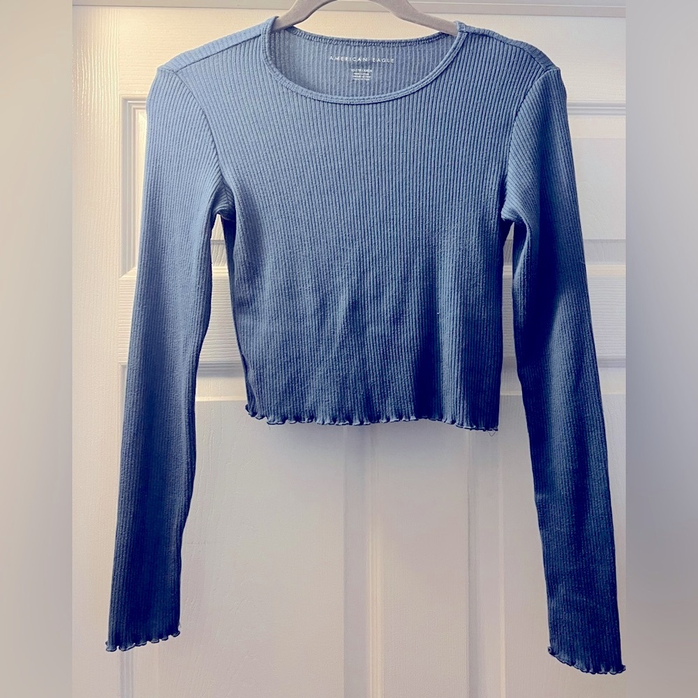 American Eagle Outfitters Ribbed Long Sleeve Top - Dark Blue
